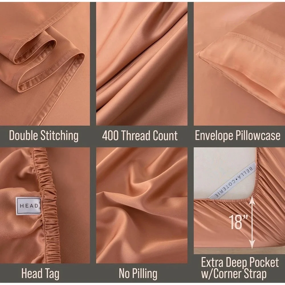 Bella Coterie Bamboo Sheet Set 4pc 400TC Organic Viscose Peach Pink Deep Pocket